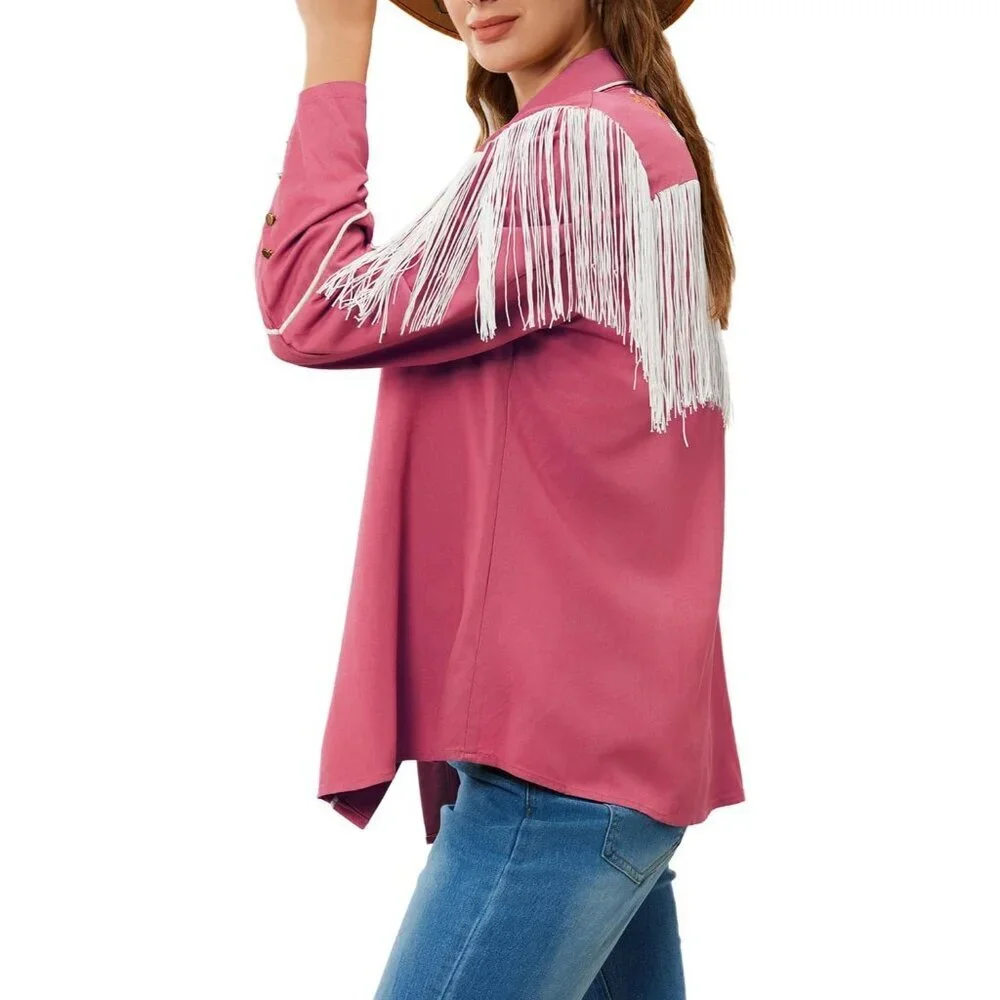 Women's Pink Floral Embroidered Fringe Western Rodeo Button Down Blouse Tops - Picture 4 of 5